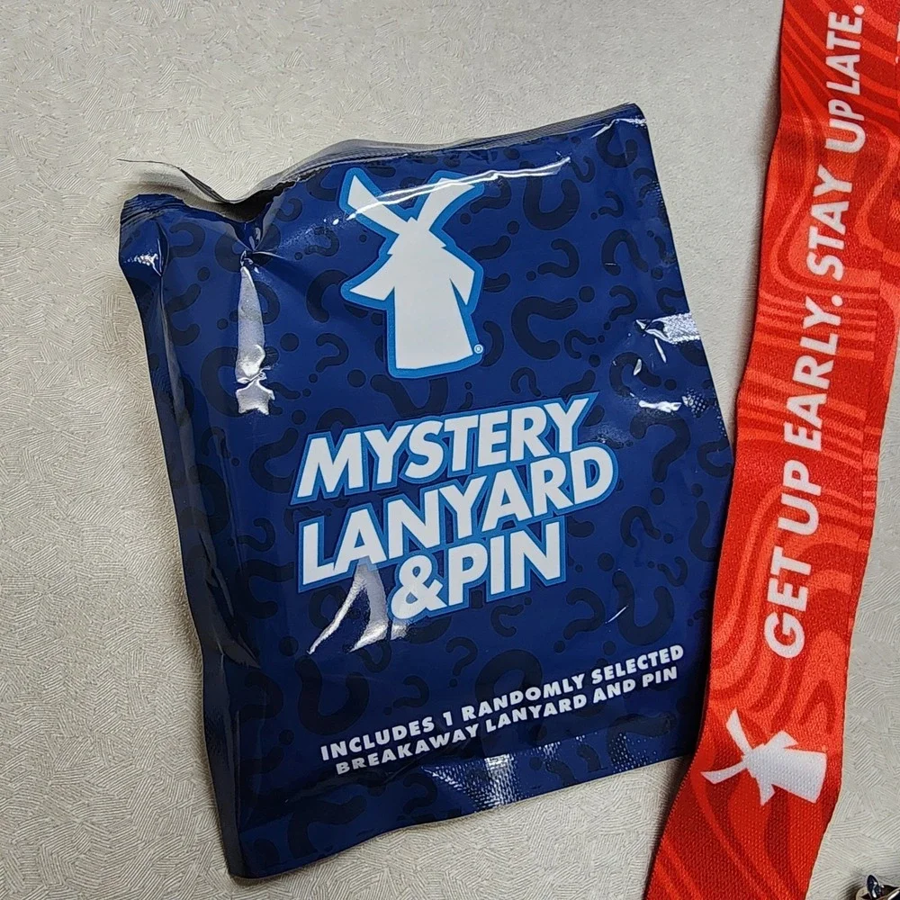 Set Of 2 Dutch Bros Pin and Lanyards 6/25/26 Red/Blue Lightning Bolt Always Stok